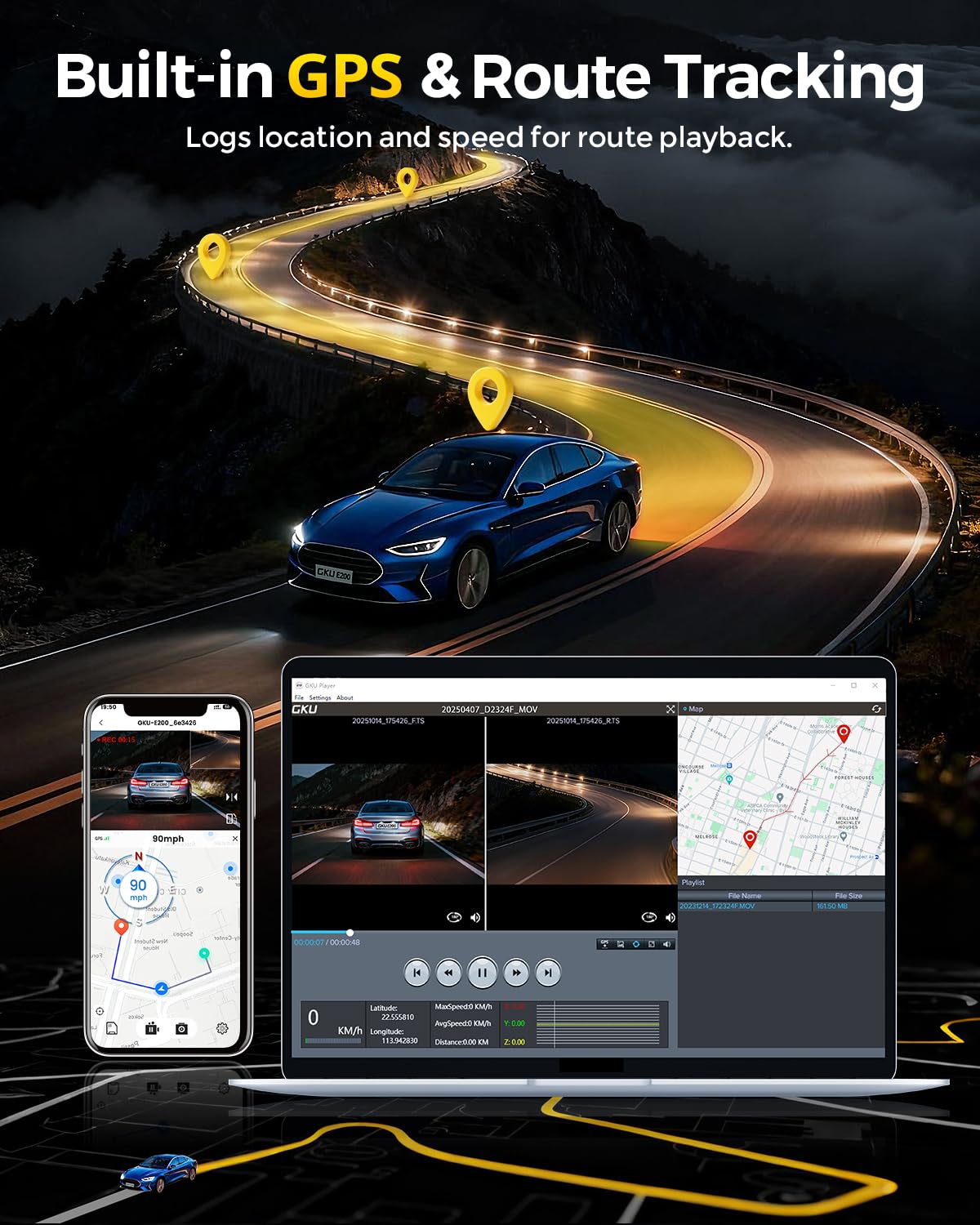 GKU 4K+4K Dash Cam Front and Rear, STARVIS 2 Sensor, 5.8GHz WiFi 6 to 20MB/s dashcam, Built-in GPS, 24/7 Parking Mode, HDR Night Vision, 3" IPS Screen, 128GB Card Included - 5