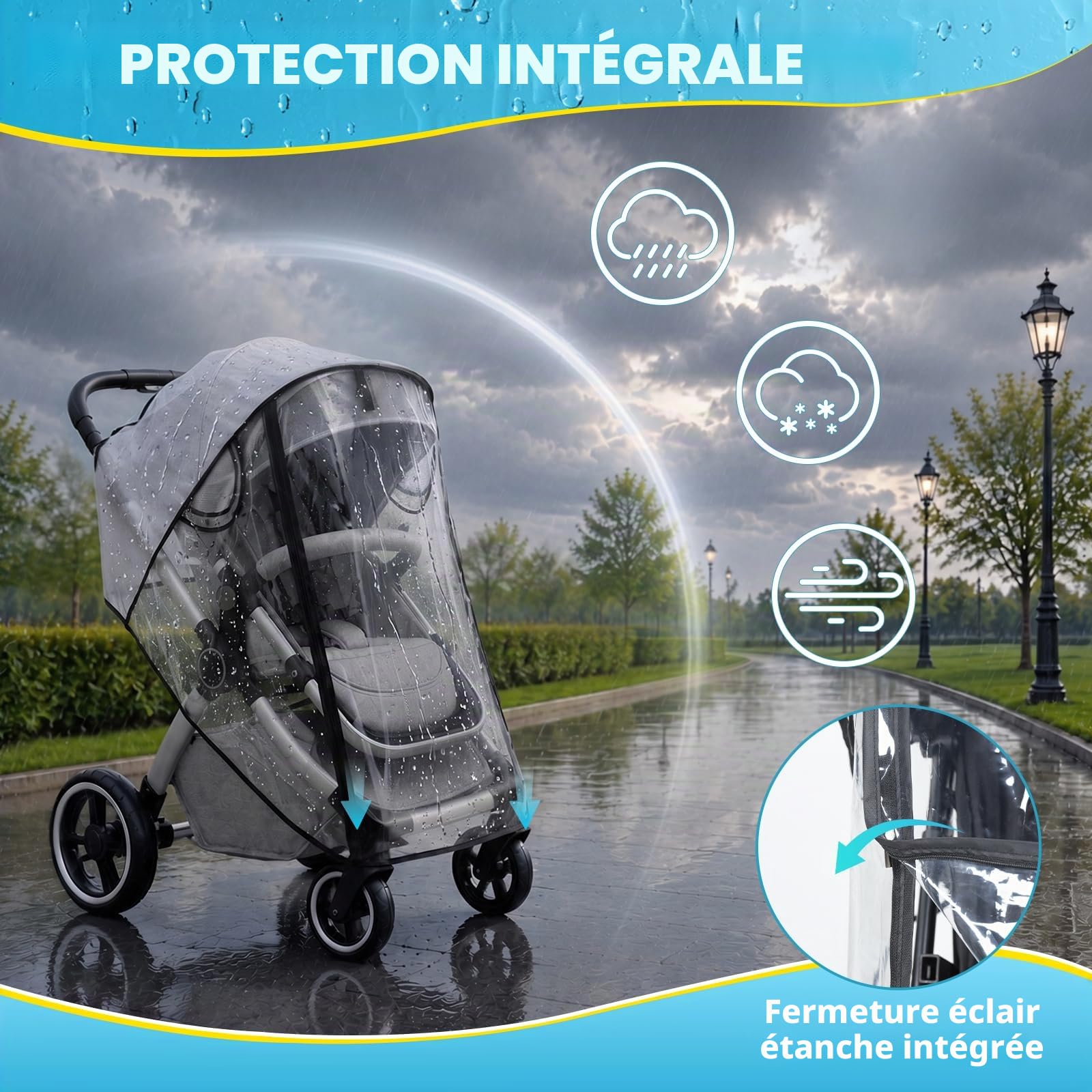Habillage Pluie Universelle pour Poussette, Protection Pluie Transparente EVA avec Porte Enroulable