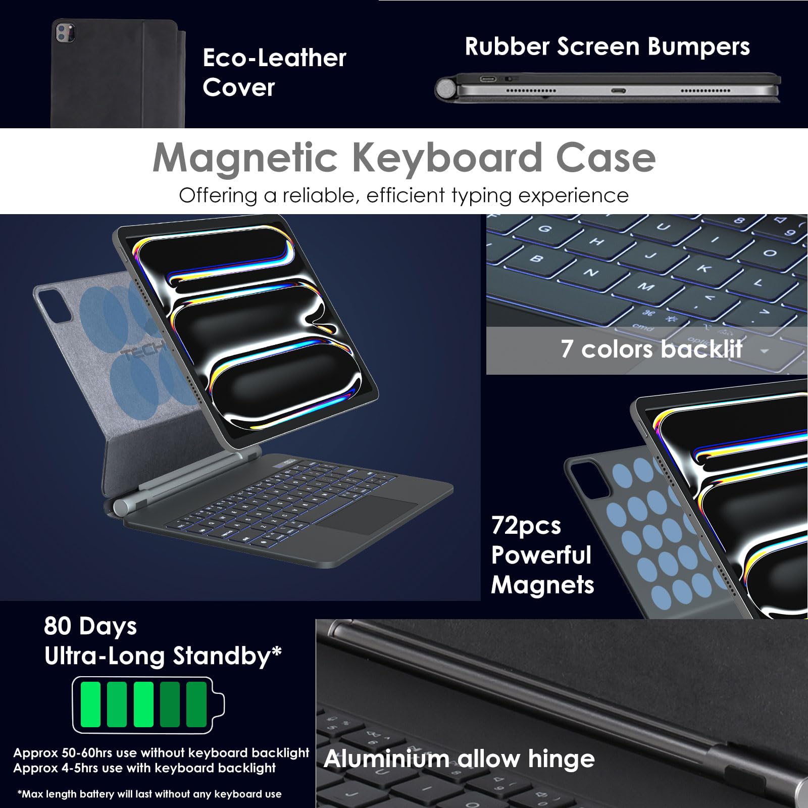 TECHGEAR Custodia per tastiera per Apple iPad Pro 11" (M4) 2024/5a generazione, custodia sottile magnetica flottante con supporto, trackpad multi-touch di precisione, retroilluminazione a 7 colori