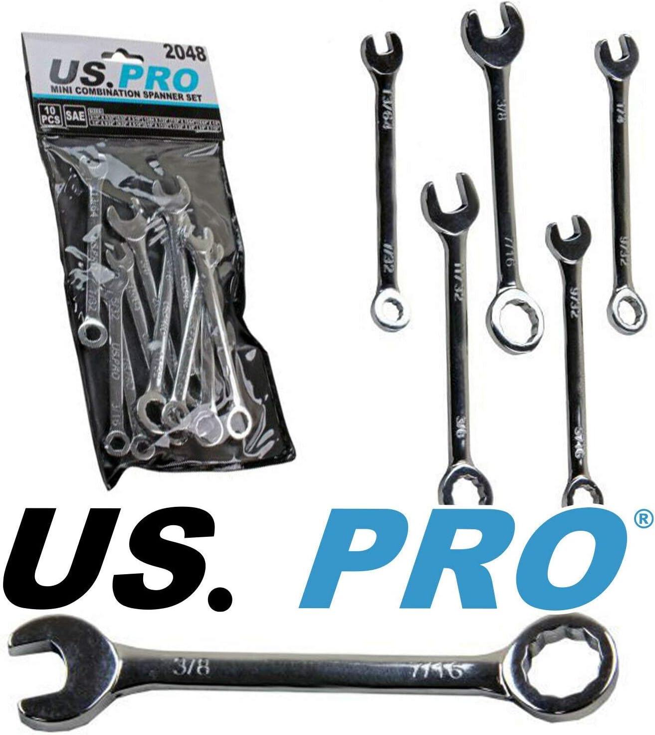 US PRO 10 Piece SAE/Imperial Mini Combination Spanner Set 2048