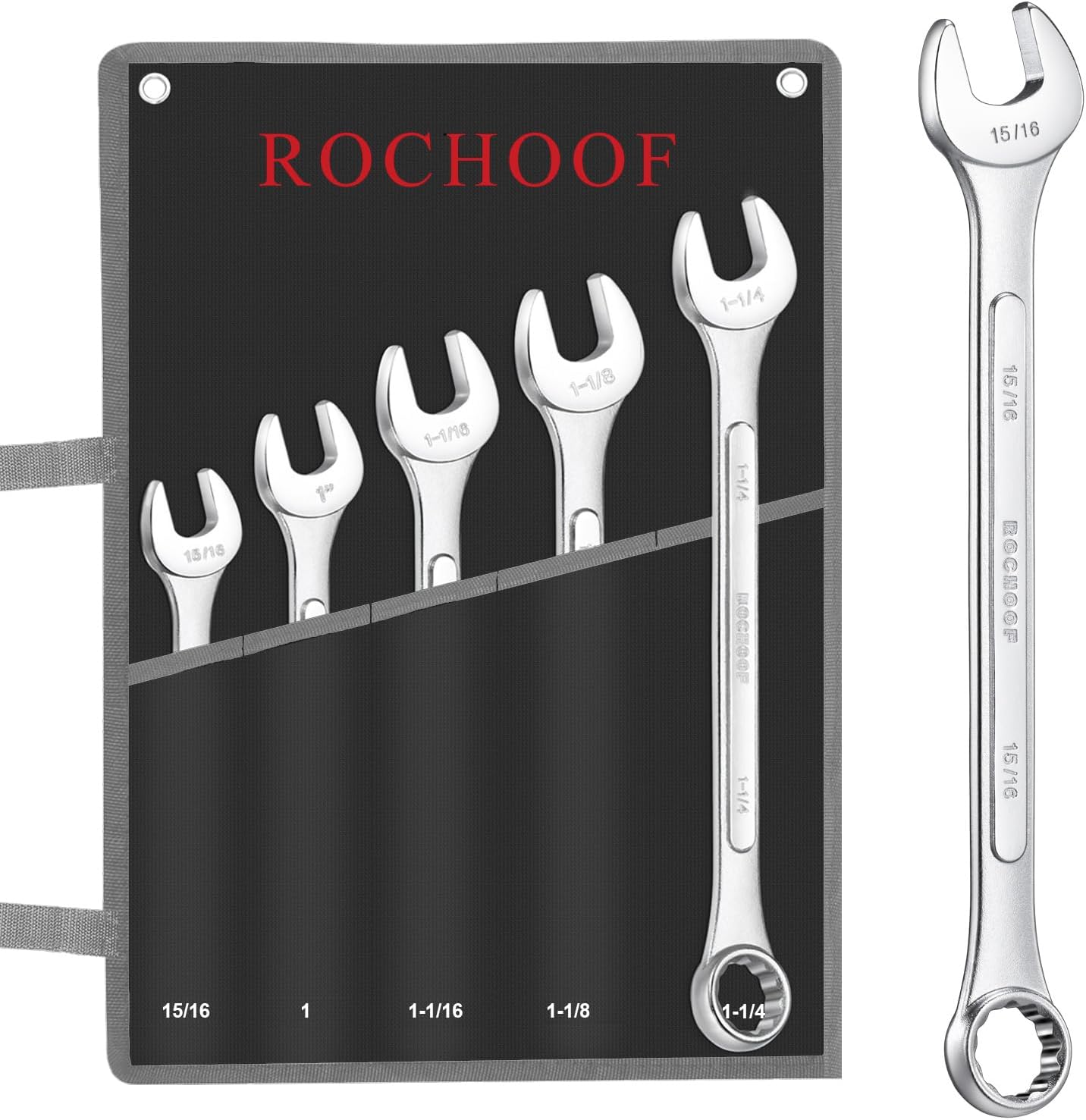 Combination Wrench Set,5-Piece SAE Wrench Set 12-Point Chrome Vanadium Steel Wrenches 1" to 1-1/4" with Rolling Pouch