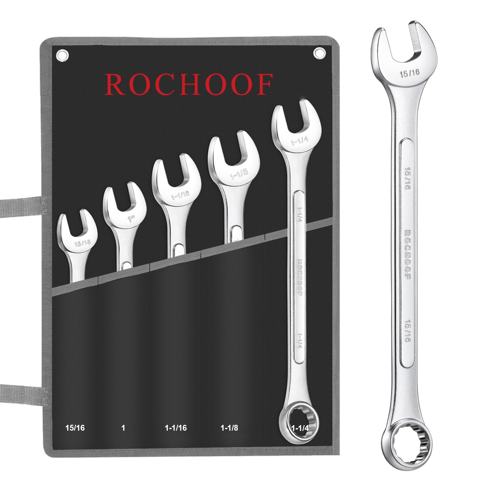 ROCHOOF Combination Wrench Set,5-Piece SAE Wrench Set 12-Point Chrome Vanadium Steel Wrenches 1" to 1-1/4" with Rolling Pouch