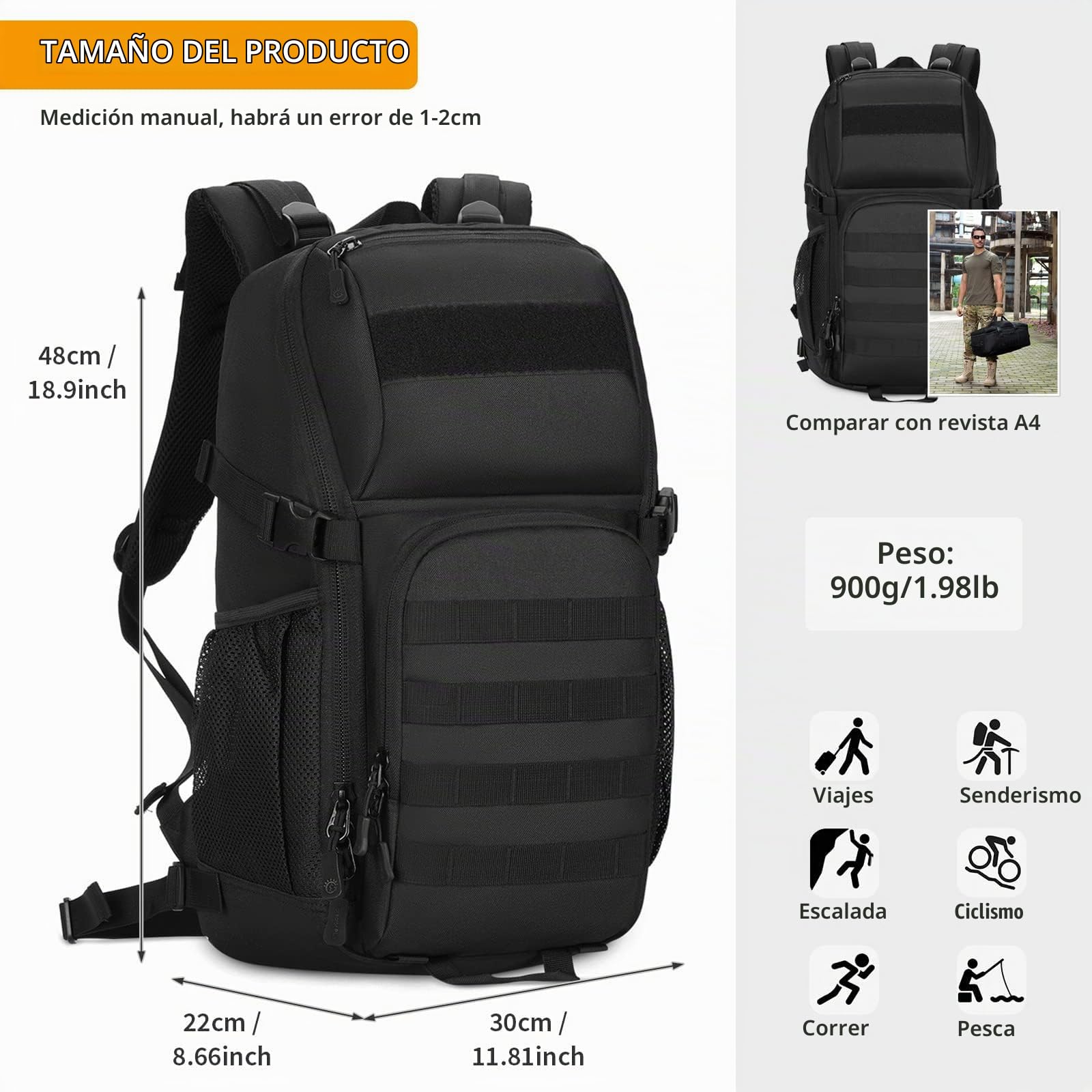 VINBAGGE Mochilas Camping,Mochila Senderismo Mochilas de Viaje Mochila Deporte Mochilas Tacticas Actividades al Aire Libre Acampar/Senderismo/Caza/Montañismo/Montar Bicicleta/30L-Negro