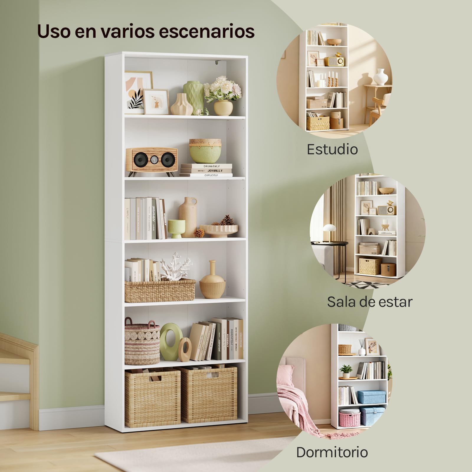 WOLTU Librería Alta Vertical, Estantería de Libros de 6 Niveles | Libreria Estanteria de Piso, Separador de Ambientes para Salón, Estudio, Oficina y Dormitorio, Blanco, 60x23,5x180 cm