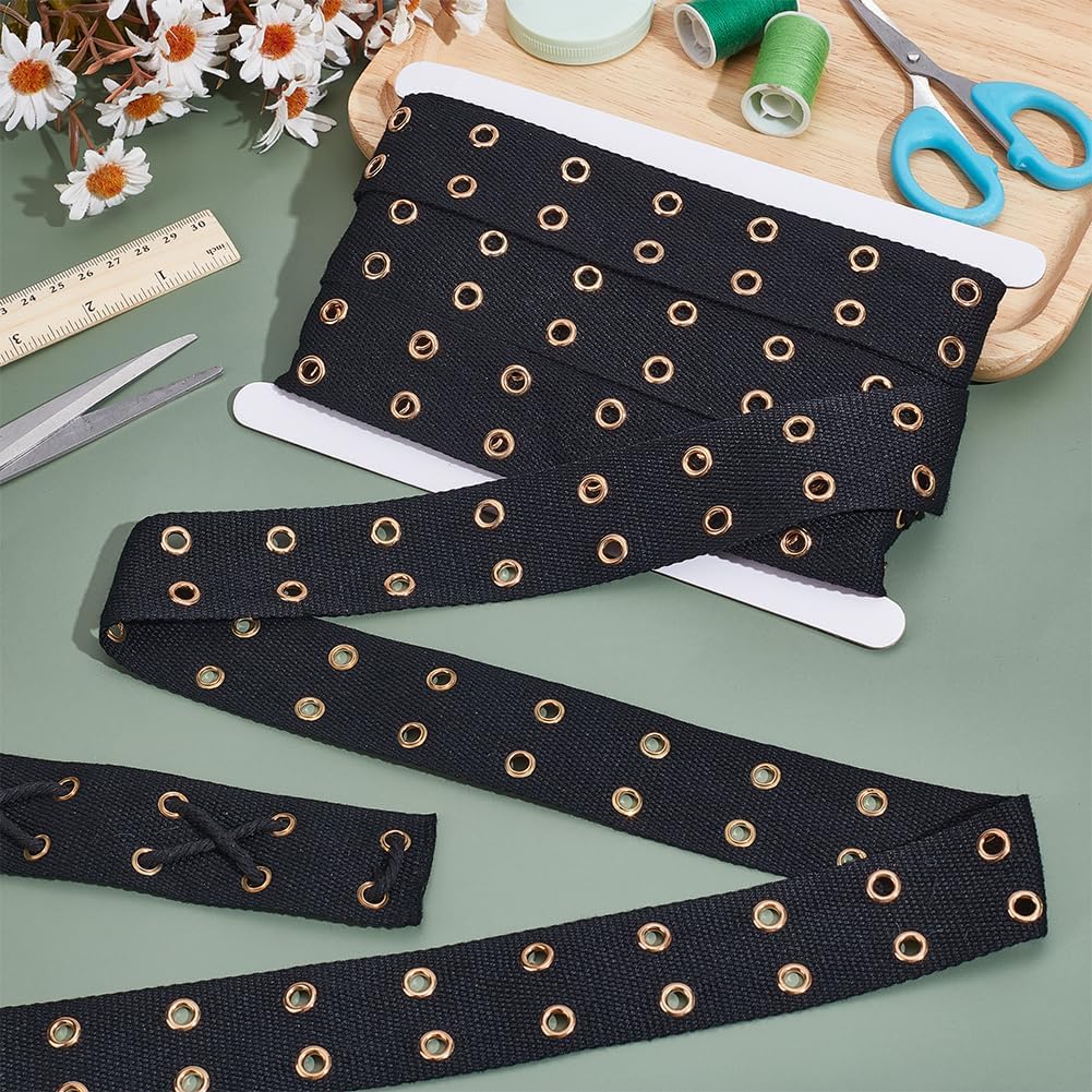 NBEADS 8 Yards Eyelet Tape, 1.5inch Wide Grommet Trim with 2-Row Golden Tone Stainless Steels Eyelets Polyester Eyelet Twill Tape for Sewing Garment Corset Shirt Shoes Dress Skirt, Black, Hole: 9mm