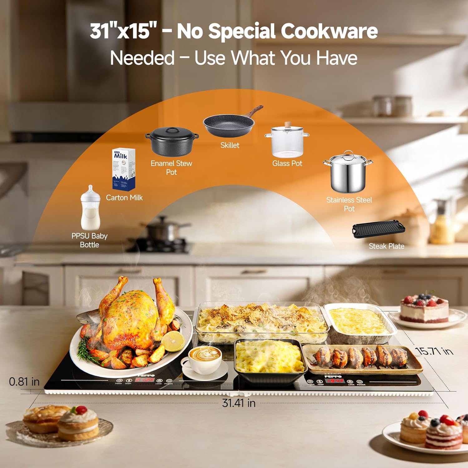 FEPPO Electric Warming Tray with Independent Temp & Timer Control, 2-in-1 Modular Food Warmer for Parties Buffet, 31"x15" Glass Surface Warming Mat for Food, Ideal for Catering & Gatherings