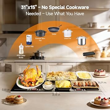 FEPPO Electric Warming Tray with Independent Temp & Timer Control, 2-in-1 Modular Food Warmer for Parties Buffet, 31x15 Glass Surface Warming Mat for Food, Ideal for Catering & Gatherings