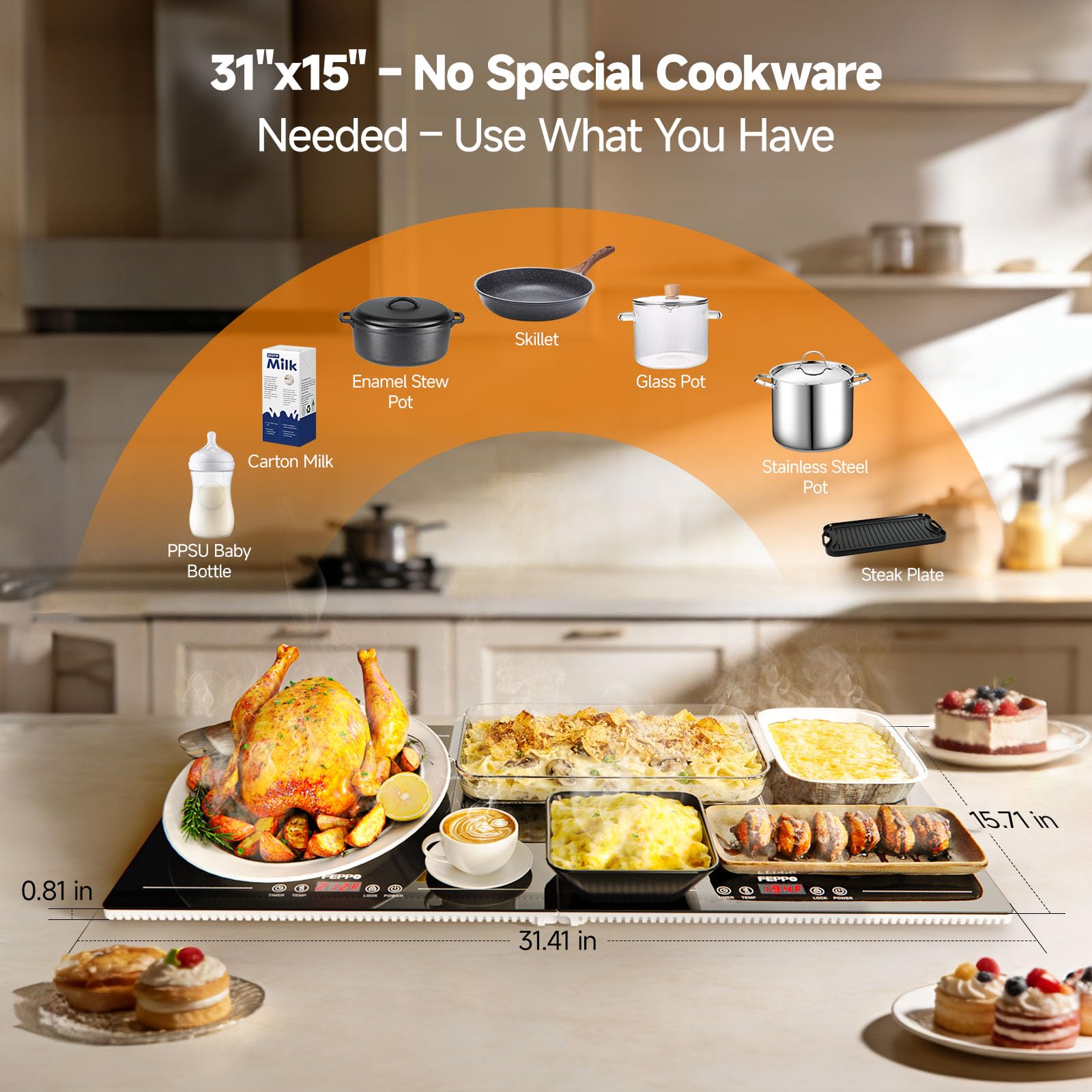 FEPPO Bandeja de calentamiento eléctrica con control independiente de temperatura y temporizador, calentador de alimentos modular 2 en 1 para fiestas, bufé, tapete de calentamiento de superficie de