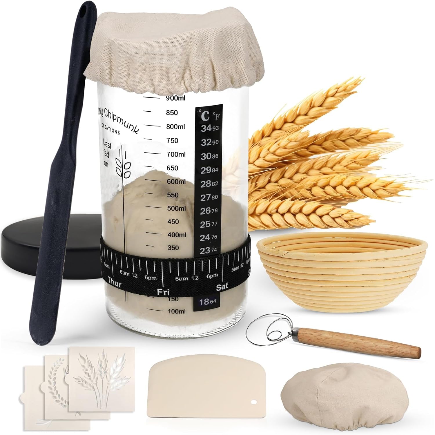 Sourdough Starter Kit - with Sourdough Starter Jar Glass & Sourdough Proofing Banneton Basket - Sourdough Bread Baking Supplies for Sourdough starter - Bread making kit for Sourdough bread Loaf