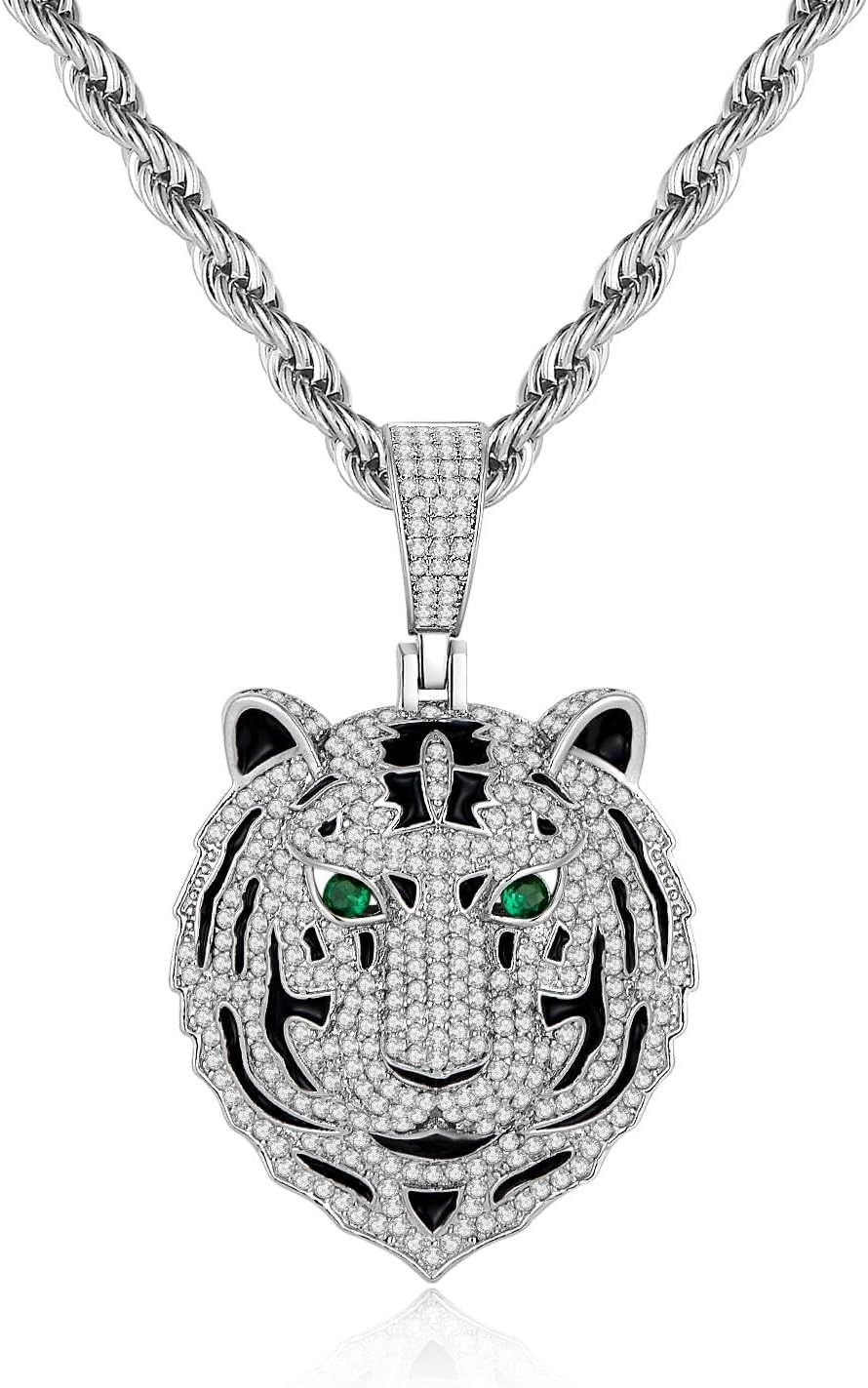 Silver Tiger Pendant Necklace for Men Stainless Steel Rope Chain Iced Out Tiger Head Necklaces with Green Gemstone Mens Pendant Necklace Hiphop Jewelry