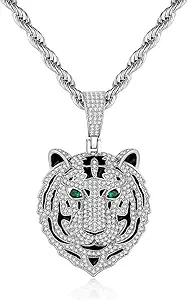 Silver Tiger Pendant Necklace for Men Stainless Steel Rope Chain Iced Out Tiger Head Necklaces with Green Gemstone Mens Pendant Necklace Hiphop Jewelry