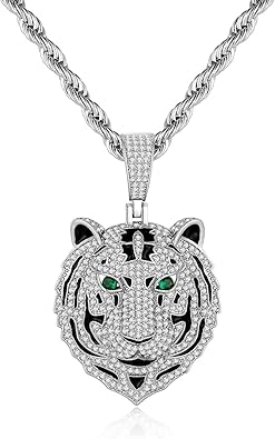Silver Tiger Pendant Necklace for Men Stainless Steel Rope Chain Iced Out Tiger Head Necklaces with Green Gemstone Mens Pendant Necklace Hiphop Jewelry