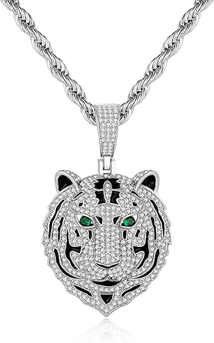 Silver Tiger Pendant Necklace for Men Stainless Steel Rope Chain Iced Out Tiger Head Necklaces with Green Gemstone Mens Pendant Necklace Hiphop Jewelry