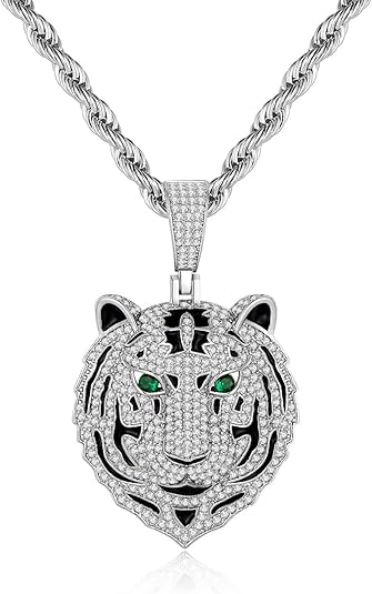 Silver Tiger Pendant Necklace for Men Stainless Steel Rope Chain Iced Out Tiger Head Necklaces with Green Gemstone Mens Pendant Necklace Hiphop Jewelry