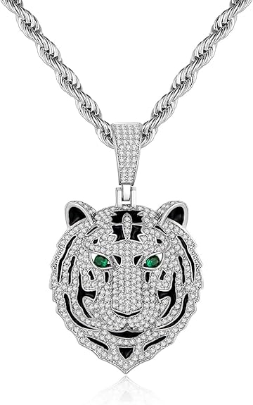 Silver Tiger Pendant Necklace for Men Stainless Steel Rope Chain Iced Out Tiger Head Necklaces with Green Gemstone Mens Pendant Necklace Hiphop Jewelry