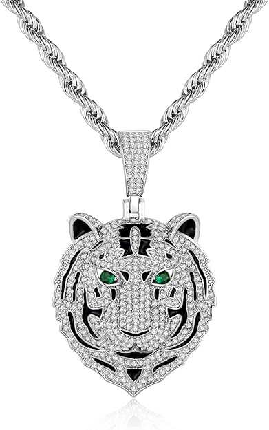 Silver Tiger Pendant Necklace for Men Stainless Steel Rope Chain Iced Out Tiger Head Necklaces with Green Gemstone Mens Pendant Necklace Hiphop Jewelry