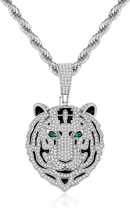 Silver Tiger Pendant Necklace for Men Stainless Steel Rope Chain Iced Out Tiger Head Necklaces with Green Gemstone Mens Pendant Necklace Hiphop Jewelry