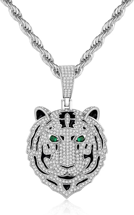Silver Tiger Pendant Necklace for Men Stainless Steel Rope Chain Iced Out Tiger Head Necklaces with Green Gemstone Mens Pendant Necklace Hiphop Jewelry