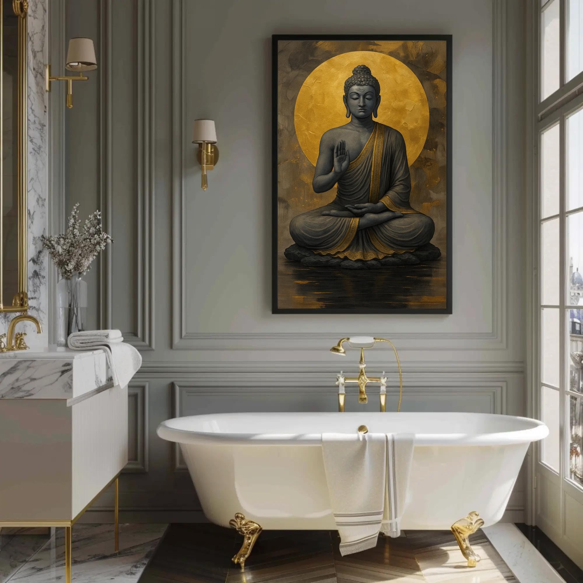 LMYCHENG Złoty Budda Obraz Medytacji - Zen Plakat Na Płótnie Do Salonu Studio Jogi Dekoracja (70 x 110 cm/Rama wewnętrzna)
