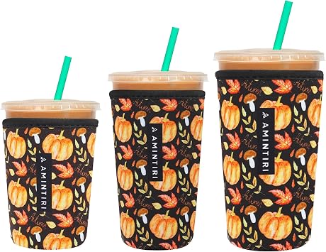 3 Pack Reusable Sleeve for Ice Coffee Cups, Ice & Hot Drink Coffee Neoprene Sleeve for Starbucks, Dunkin Coffee Cups Harvest Pumpkin