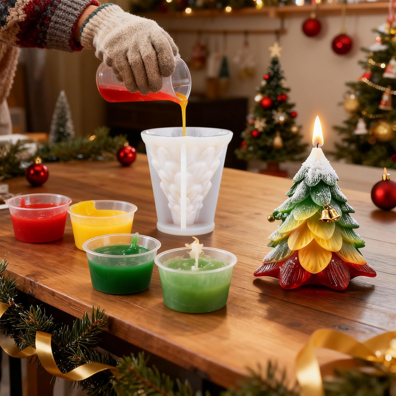 3D Christmas Tree Silicone Candle Soap Epoxy Resin Wax Mold Silicone Shapes Christmas Trees Mold for Candle Resin Soap Craft Cake Chocolate Making Kit Christmas Gift (Leaf Christmas Tree)