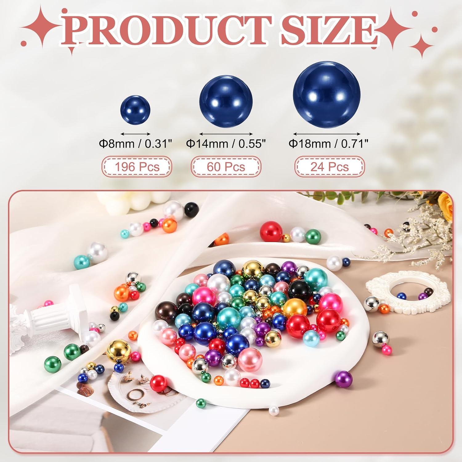 280Pcs No Hole Pearl Beads, 8/14/18mm Vase Fillers Faux Pearl for Crafting Filling Home Party Decorations Wedding Centerpieces, Navy Blue