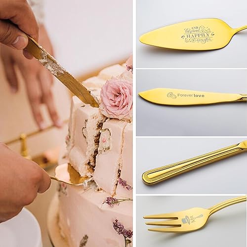 Vista 2 de Juego de cuchillo y servidor para pastel de boda con tenedores para tartas, juego de corte de pasteles para regalos de boda, juego de cuchillo de Oro