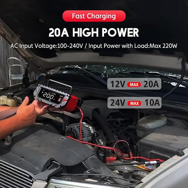 HTRC 12V/24V Car Battery Charger, 20A Chargers for Car Batteries, Battery Charger Car for Car, Motorcycle, Lawn Mower, Boat, Lithium, LiFePO4 and Lead Acid (AGM, Gel, MF, EFB, SLA, VRLA, Wet) - 5