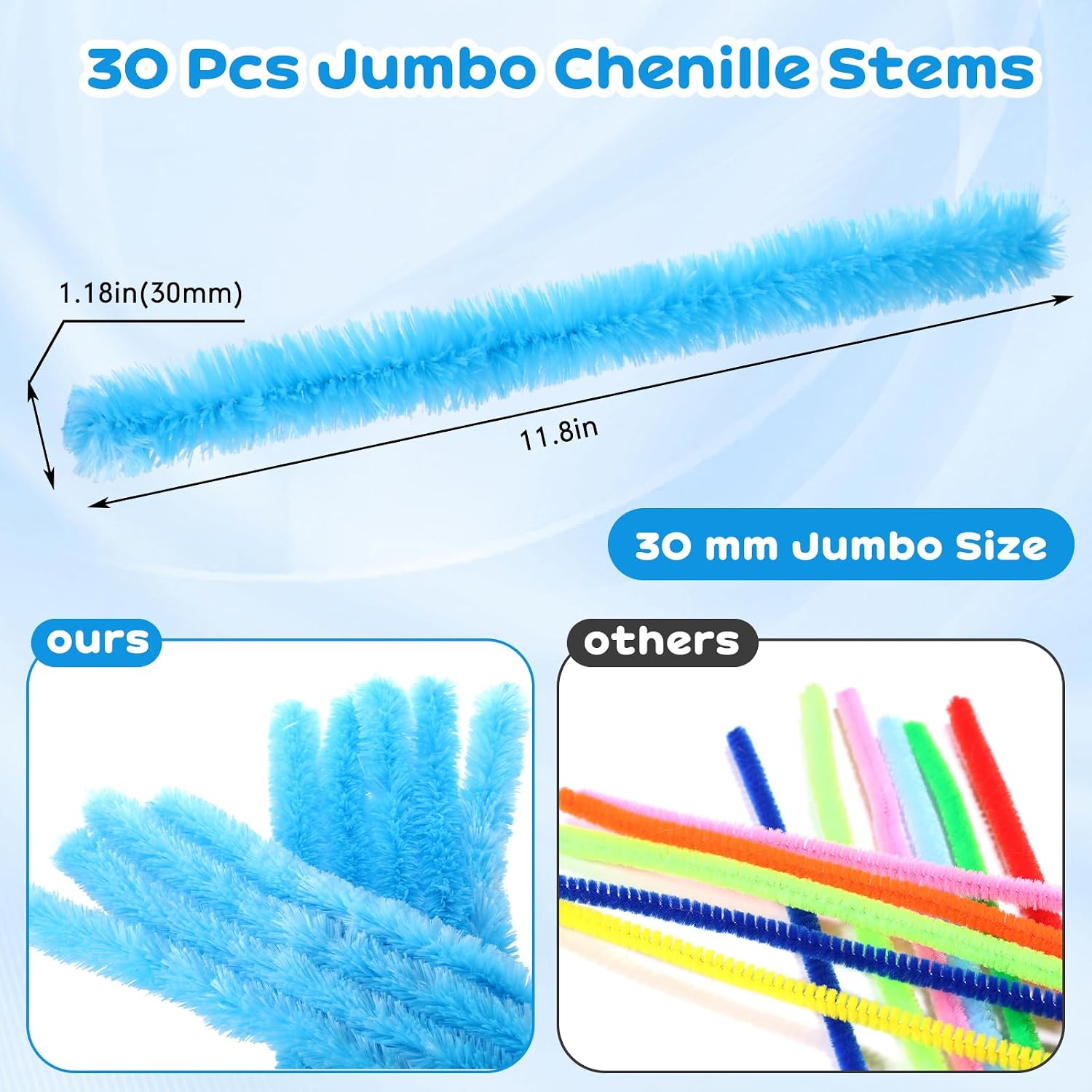 Hotop 30 Pcs Extra Thick Pipe Cleaners 30mm Chenille Stems Jumbo Pipe Cleaners Supplies for Beginners DIY Supplies Decorations(Blue,12 Inches)
