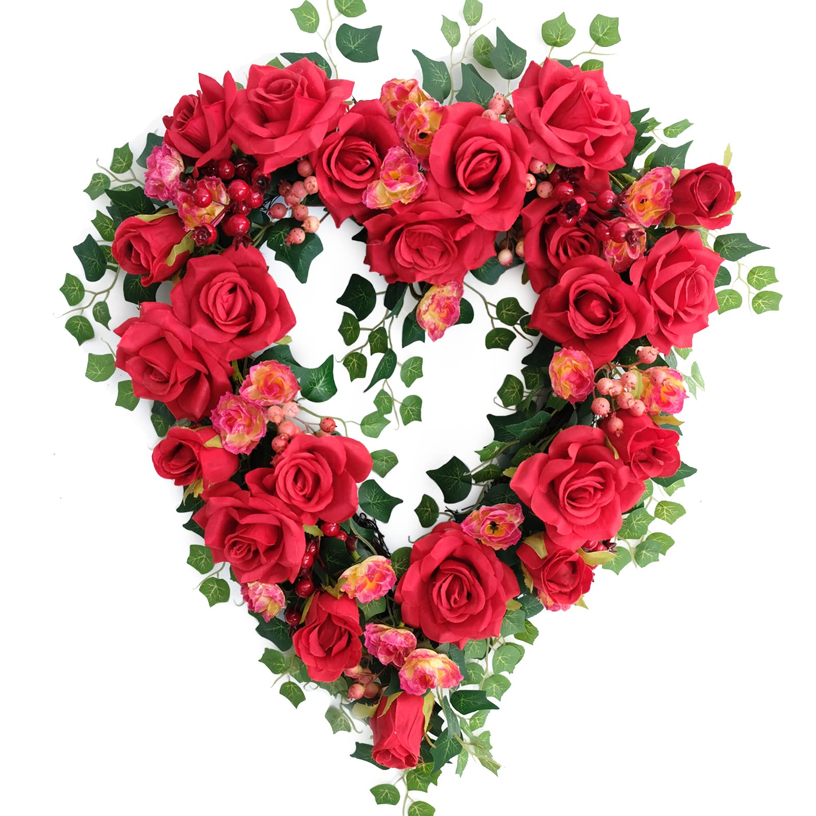idyllic 18 Inch Red Roses Heart Shape Wreath for Valentines Day, Wedding, Home Decor, Indoor Outdoor Use, Valentines Day Wreaths for Front Door,