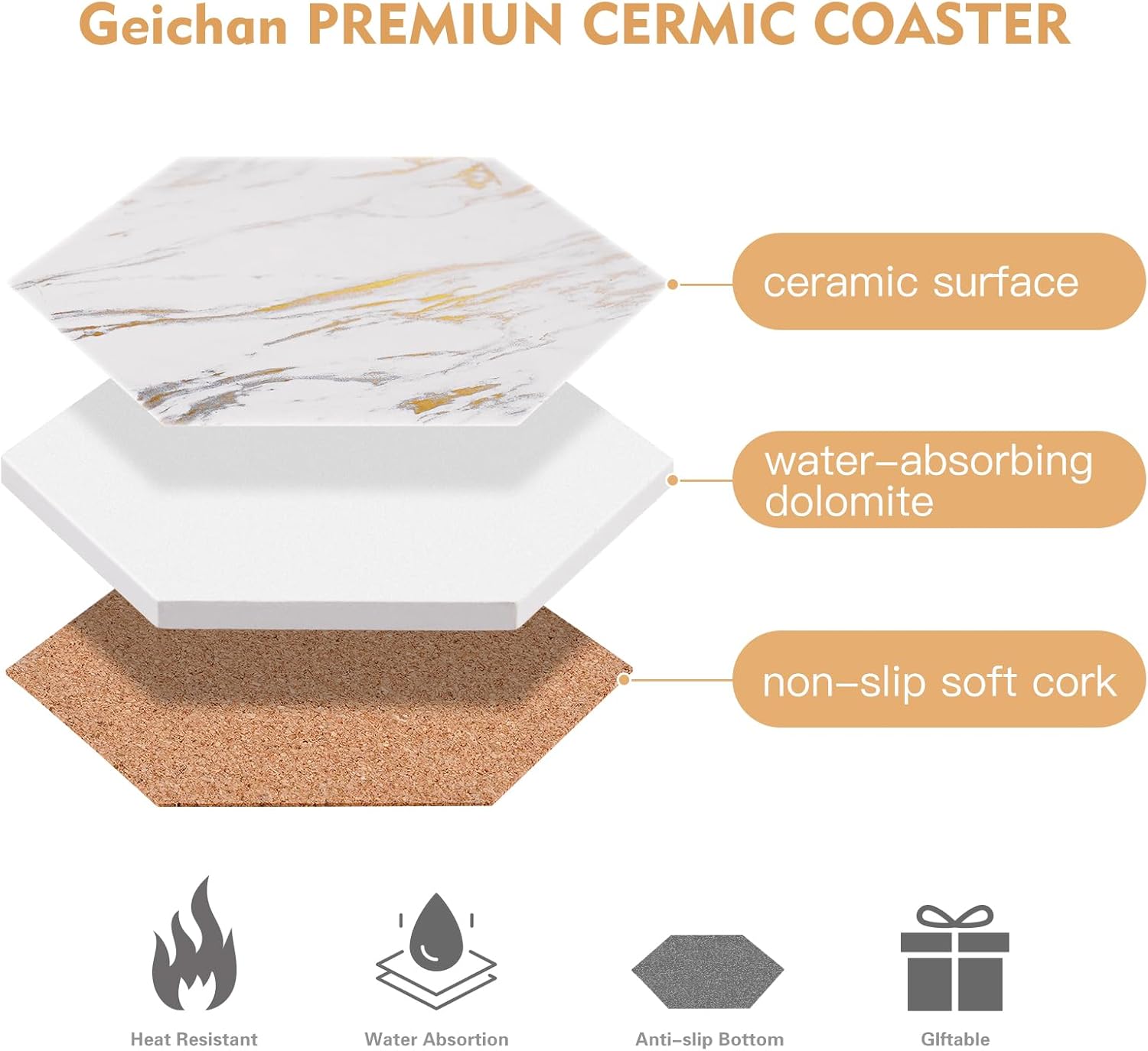 Marble Coasters for Drinks Absorbent with Cork Base, 6pcs Drink Coasters for Wooden Table with Metal Holder, Gold Ceramic Cup Coaster Set Home Decor for Housewarming (Luxury White Gold Marble 07) - Image 5