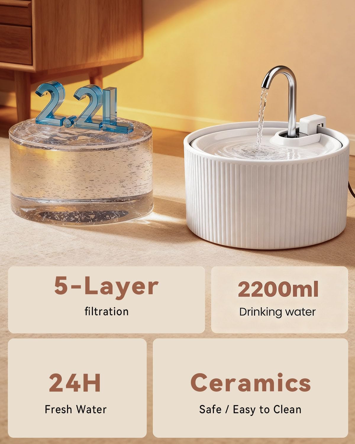 Ceramic Cat Water Fountain, 2.2L/74oz Cat Fountains for Drinking Indoor, Pet Water Fountain with Ultra-Quiet Pump