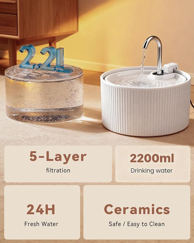 Fuente de Agua para Gatos de Cerámica, 2.2L, con Bomba Ultra Silenciosa miniatura 5
