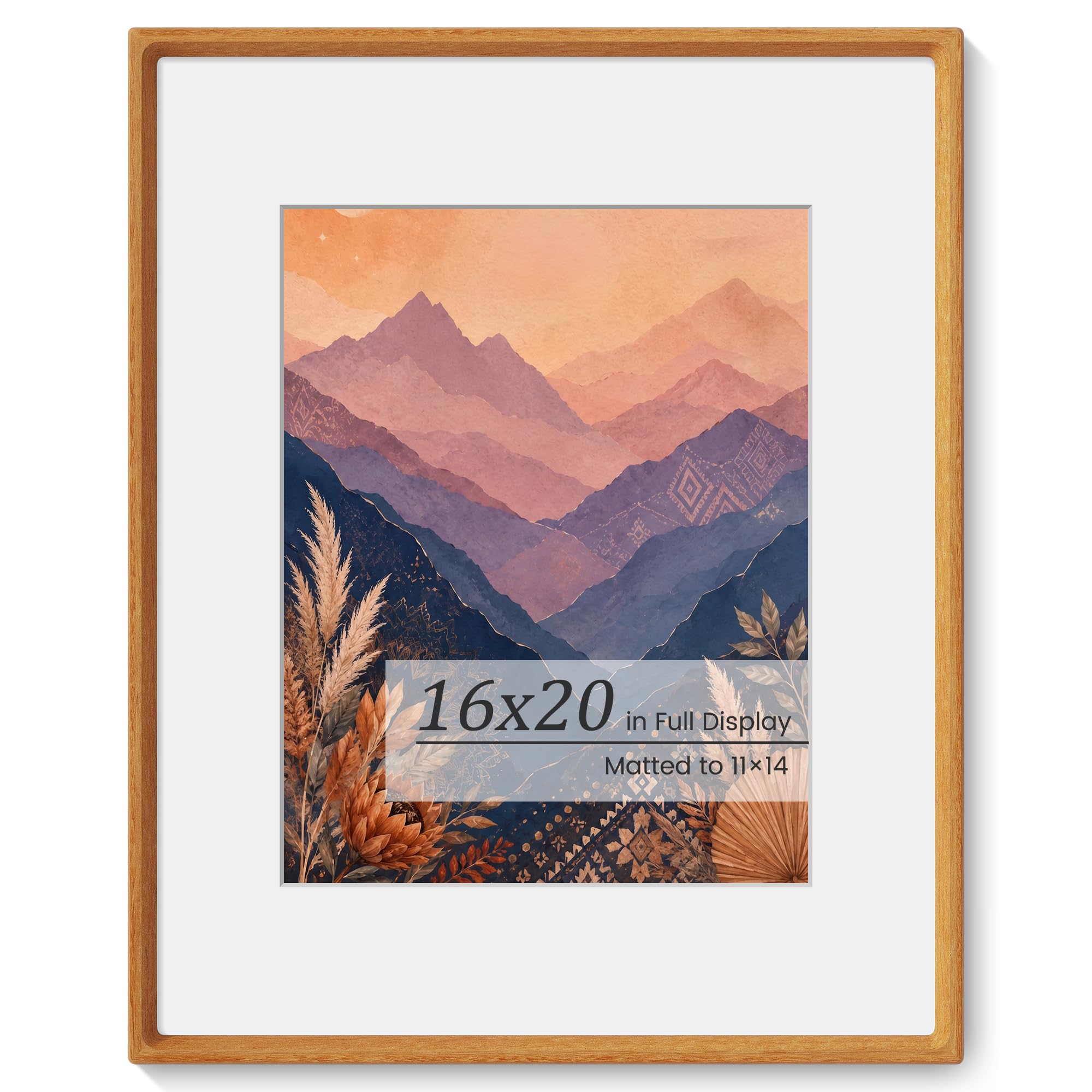 KovaScape Picture Frames, Solid Teak Wooden Frame,Round Corner Hand Craft Poster Frame, 16x20 Matted to 11x14, 16 by 20 Frame with HD Real Glass,Wall or Tabletop Display for Family Picture Artwork