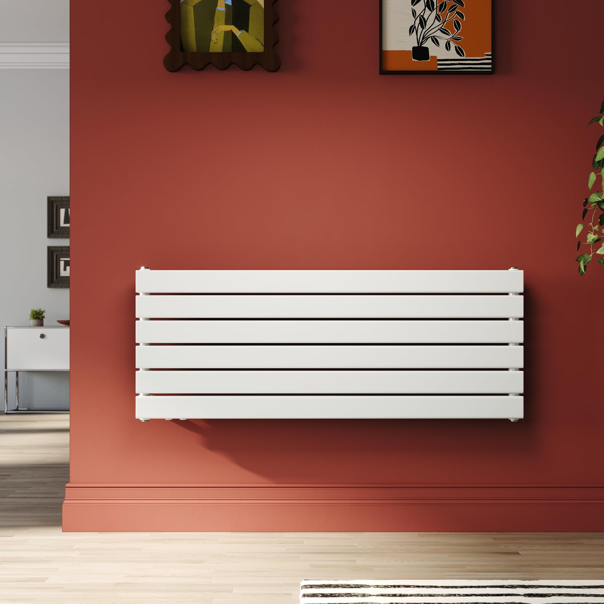 SONNI Design Heizkörper 1200x465mm Weiß 950 Watt, Doppellagig Heikörper flach horizontal Flachheikörper für Bad Seitenanschluss Badheizkörper