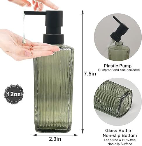 Miniatura 2 de Dispensador de jabón de vidrio verde con bomba negra, dispensador de manos líquido recargable de 12 onzas, dispensador de jabón para platos de