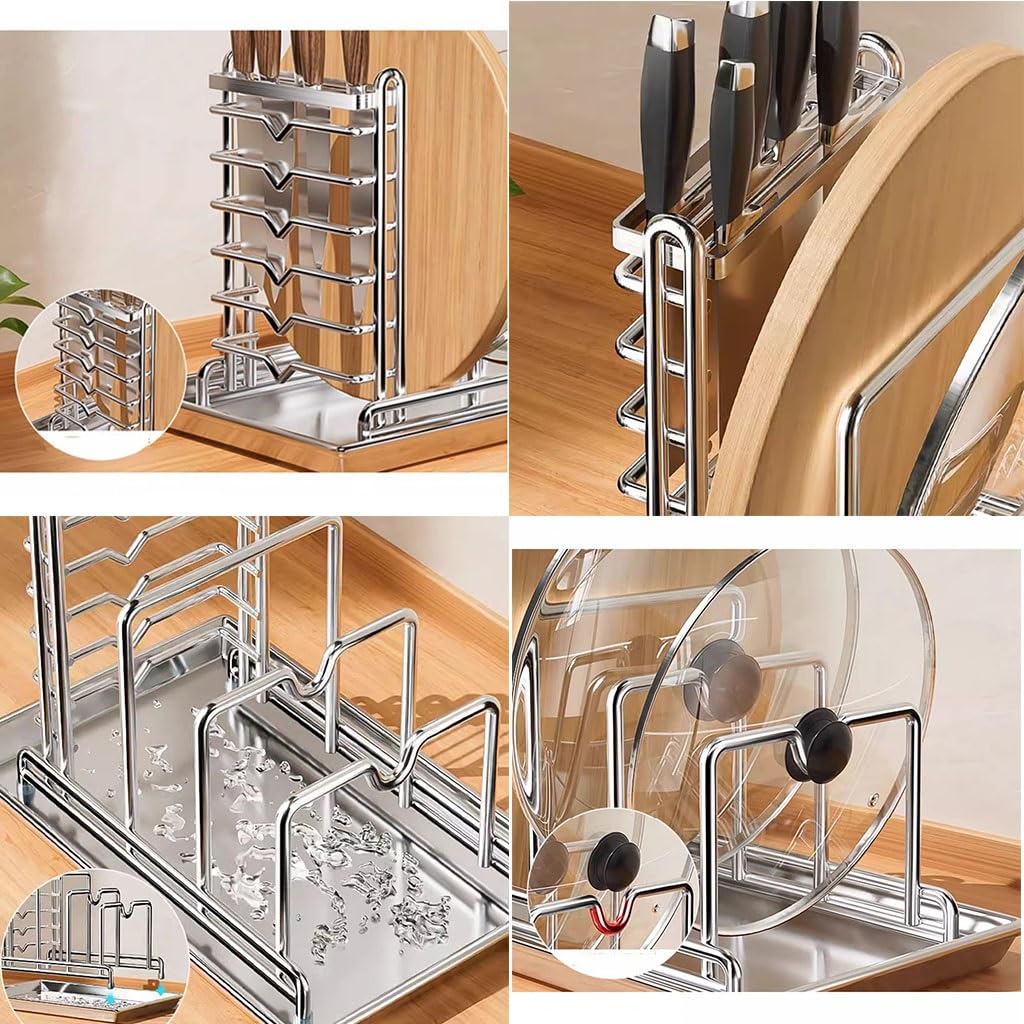 Support multifonctionnel pour ustensiles de cuisine avec égouttoir pour casseroles, couvercles, planches à découper, couteaux, baguettes, cuillères, fourchettes, couverts sur le plan de travail de