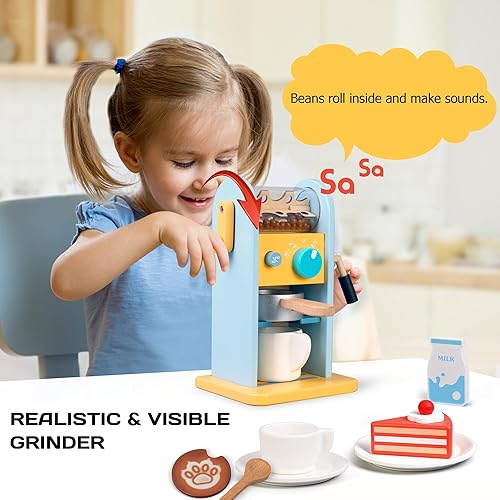 Miniatura 5 de ICEKO - Juego de cafetera de juguete de madera con molinillo - 11 piezas de accesorios de cocina realistas para niños - Juguetes de simulación -