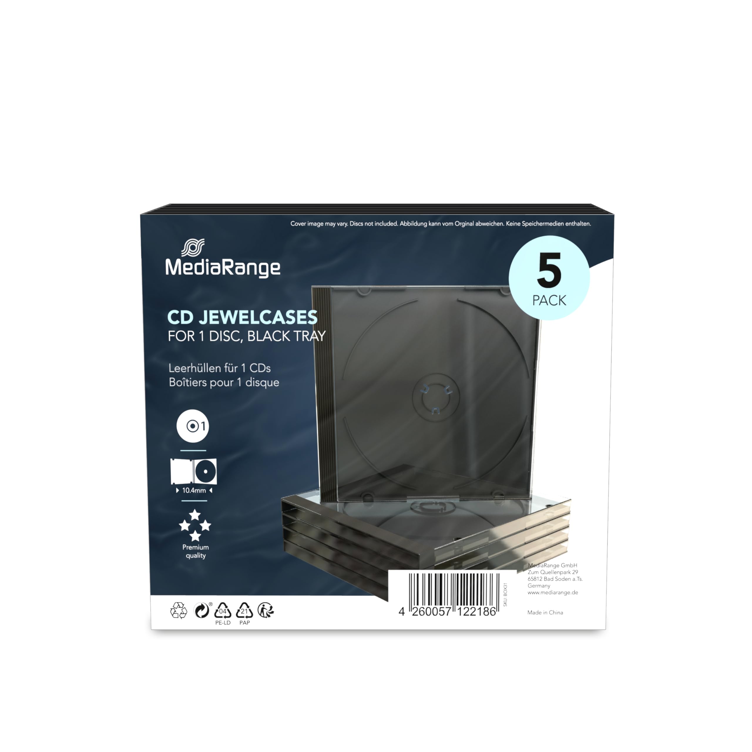 MediaRange BOX31 CD Case for 1 Disc 10.4 mm Pack of 5 Black Tray