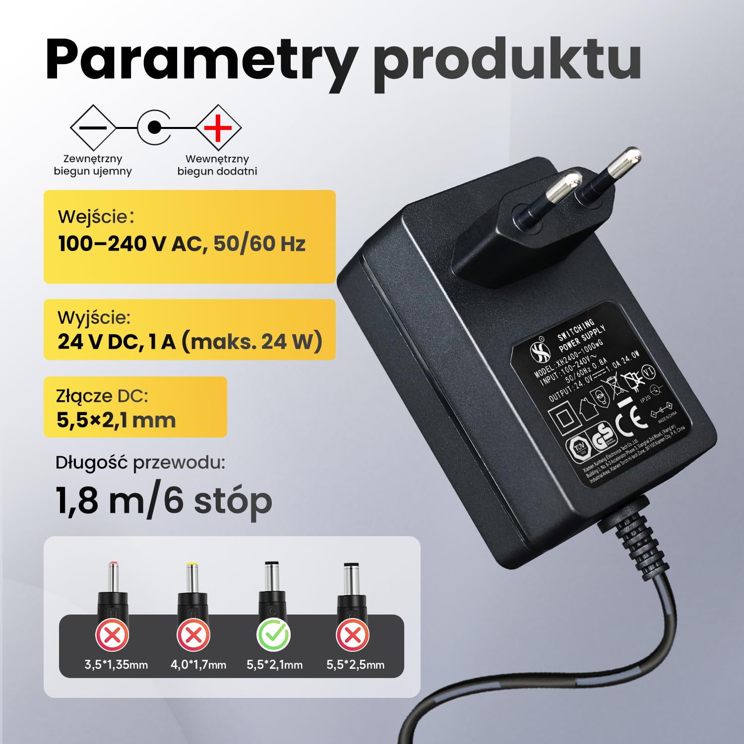 Zasilacz 24 V, 1 A, 24 W, długość 1,8 m, adapter przełącznika AC DC (wejście 100-240 V, wyjście 24 V 1A), gniazdo transformatora do montażu na ścianie DC 24 V 5,5 x 2,1 mm, znak CE