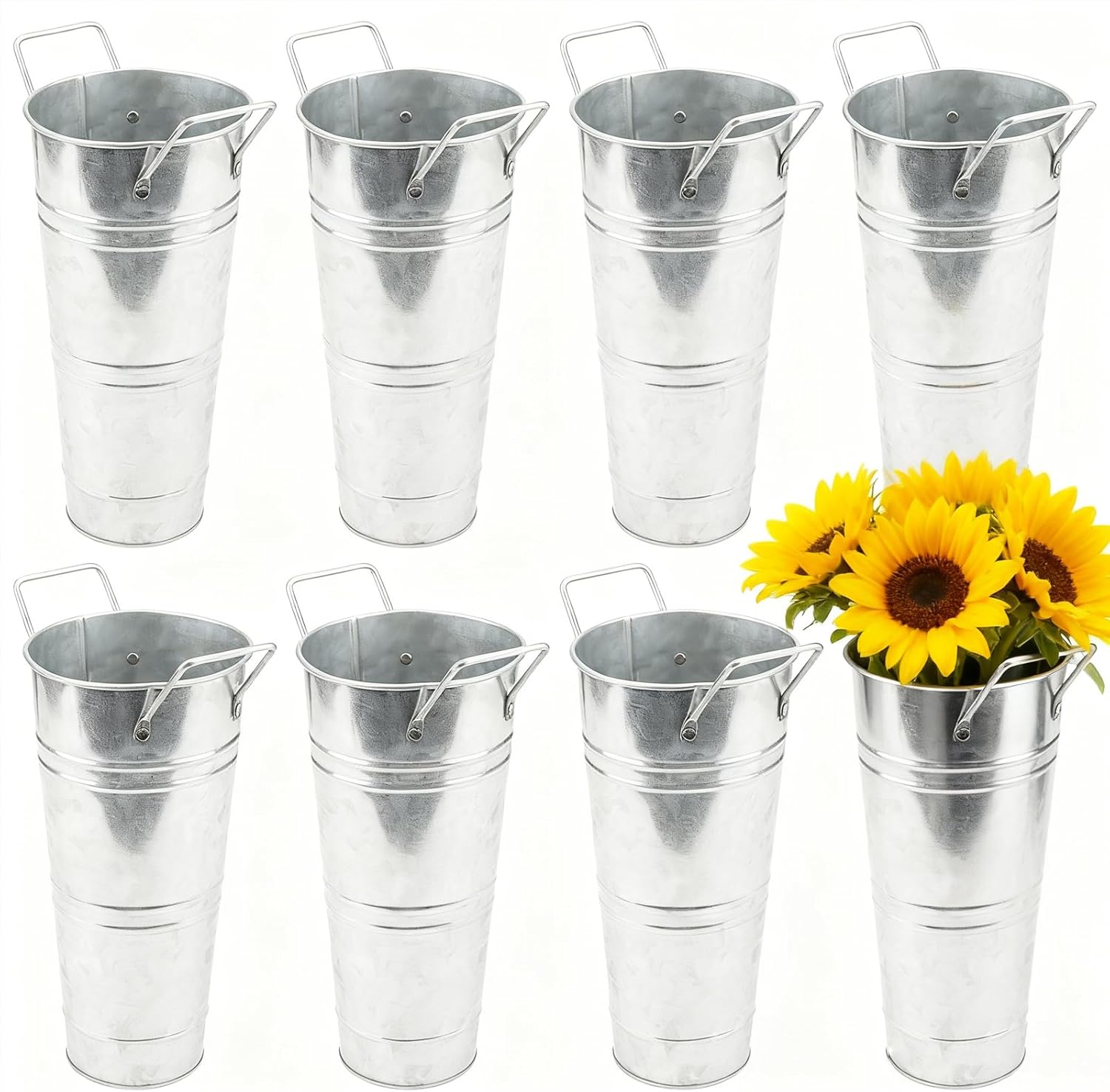 HOIGON Set of 8 Galvanized Metal Flower Vases, 9 Inch Rustic Farmhouse French Bucket with Handles,Metal Flower Holder for Weeding, Table, Home Decoration