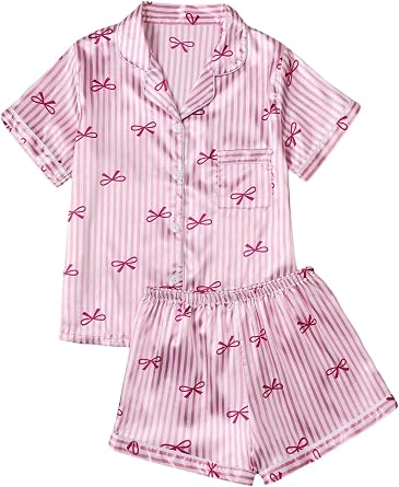 SHENHE Womens Satin Pajamas Set Bow Striped Button Down Short Sleeve Pjs Shorts Lounge Set