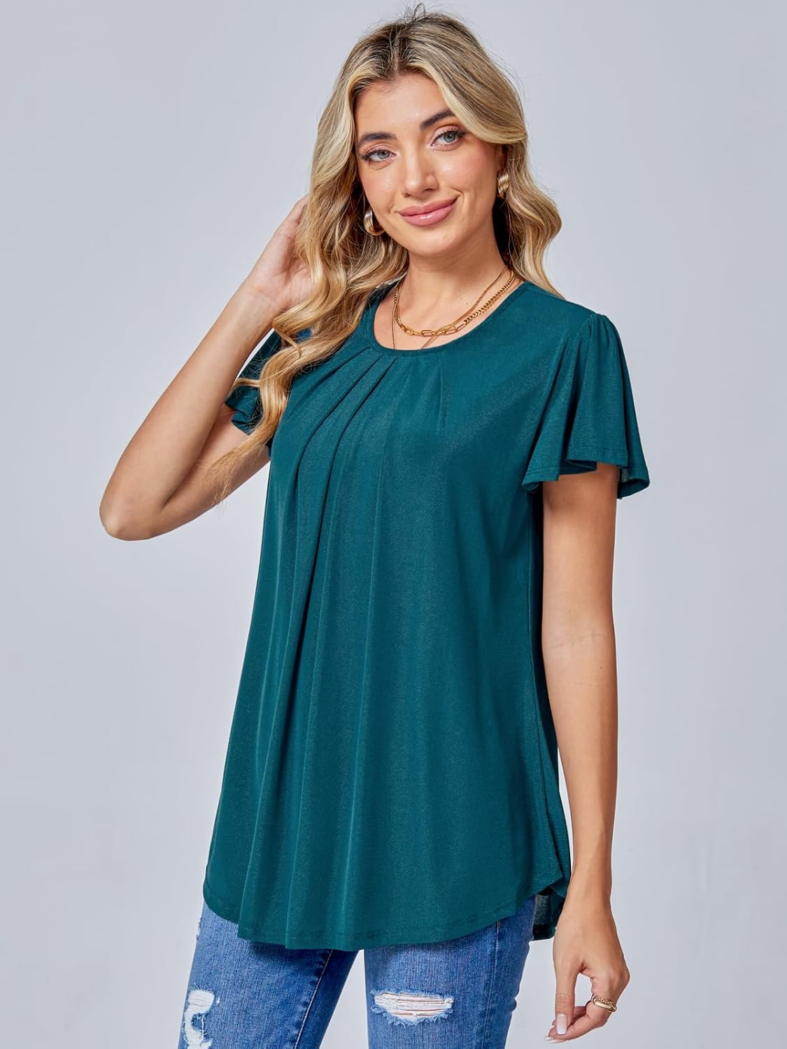 BAISHENGGT Womens Blouses Dressy Casual Shirts Flutter Short Sleeve Pleated Front Mesh Summer Tunic Tops - Image 4