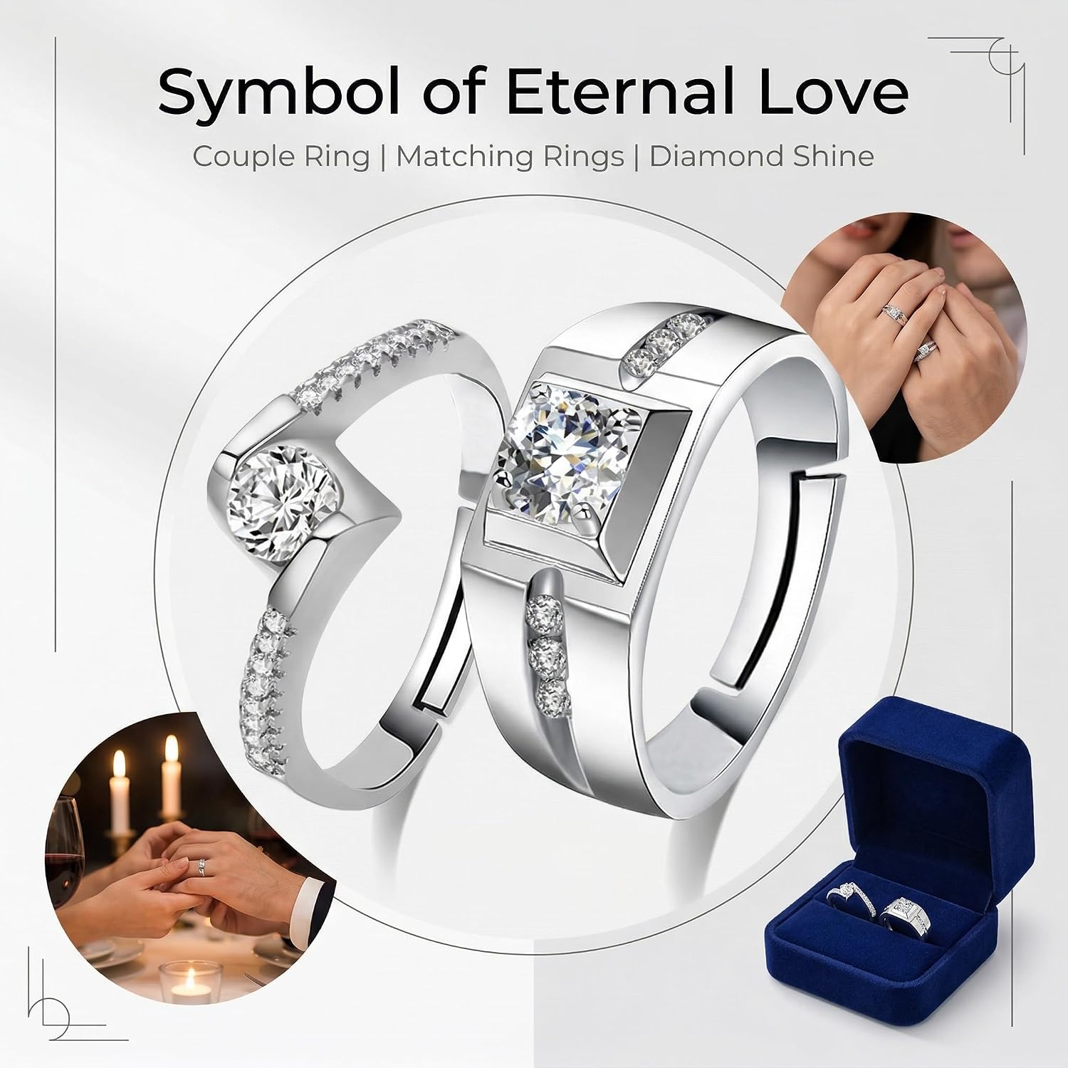 WSX Personalized 1 to 3 Carat Adjustable Diamond Couple Rings Set, Matching Couple Open Rings for Him and Her Wedding Bands for Promise Engagement Anniversary Bridal Jewelry