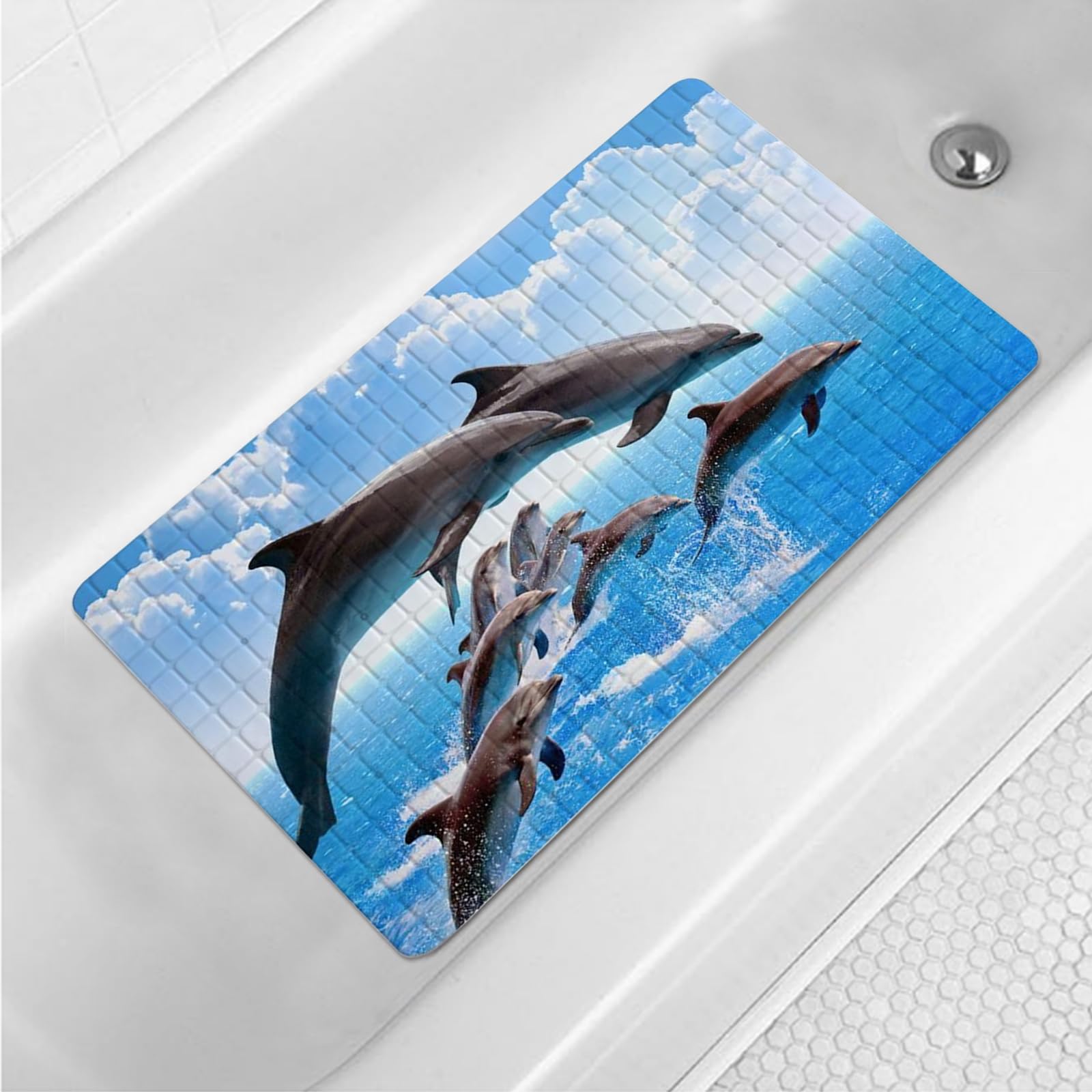 Bathtub Mat Non-Slip for Kids Cute Dolphins Bath mat 15"x27",Jumping Dolphins Bathroom Bathtub Mats,Drain Holes Suction Cups, Washable Shower Mat Anti Slip,Jumping Dolphins