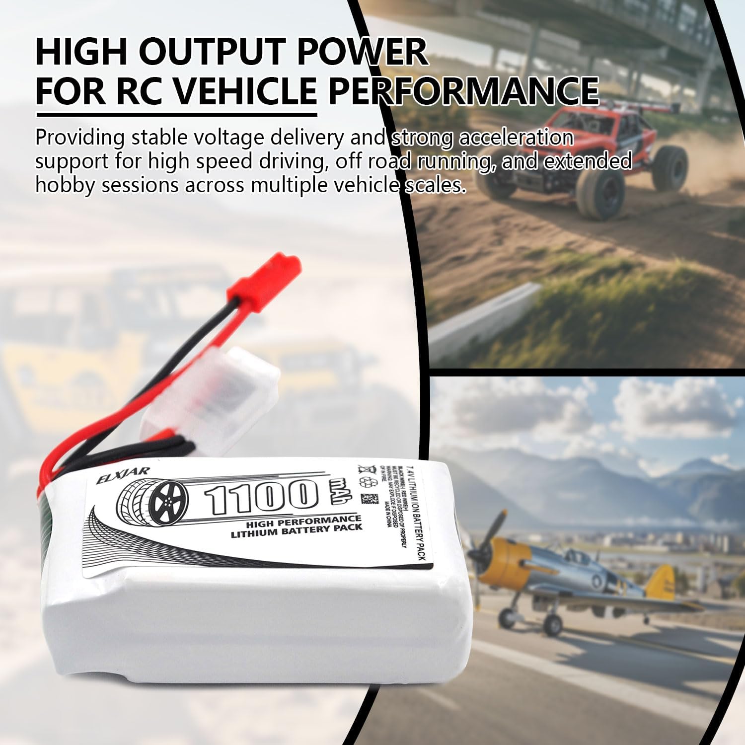 (2-Pack) High Discharge 35C 7.4V 1100mAh Li-Po 2S Battery with JST Plug for WLtoys A949 A959 A969 A979 K929 and 1/10 1/16 1/18 RC Vehicles