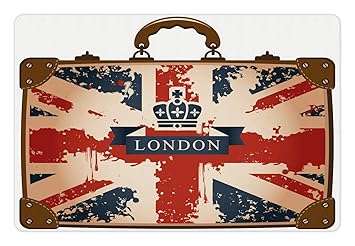 Union Jack Pet Mats for Food and Water by Ambesonne, Vintage Travel Suitcase with British Flag London Ribbon and Crown Image, Rectangle Non-Slip Rubber Mat for Dogs and Cats, Dark Blue Red Brown