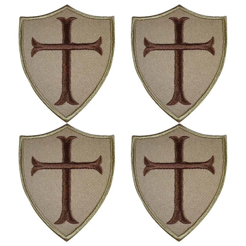 Fituenly 4pcs Knights Templar Embroidered Applique Cross Shield Patch, Military Morale Hook & Loop Fastener Emblem for Caps Bags Backpacks Clothes Vest