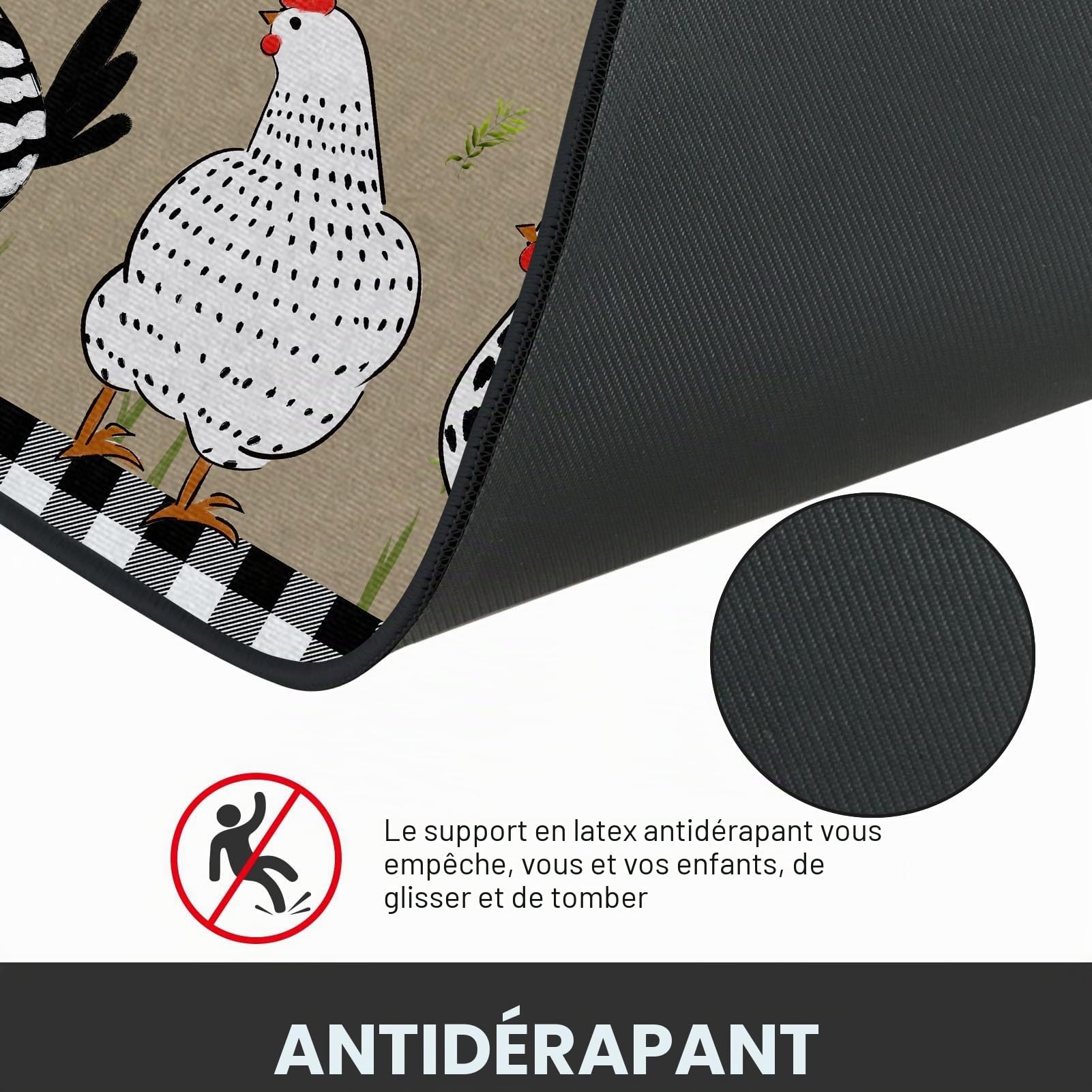 Lot de 2 tapis de cuisine antidérapants lavables motif coq 39,9x59,7 cm et 39,9x119,6 cm noir et blanc