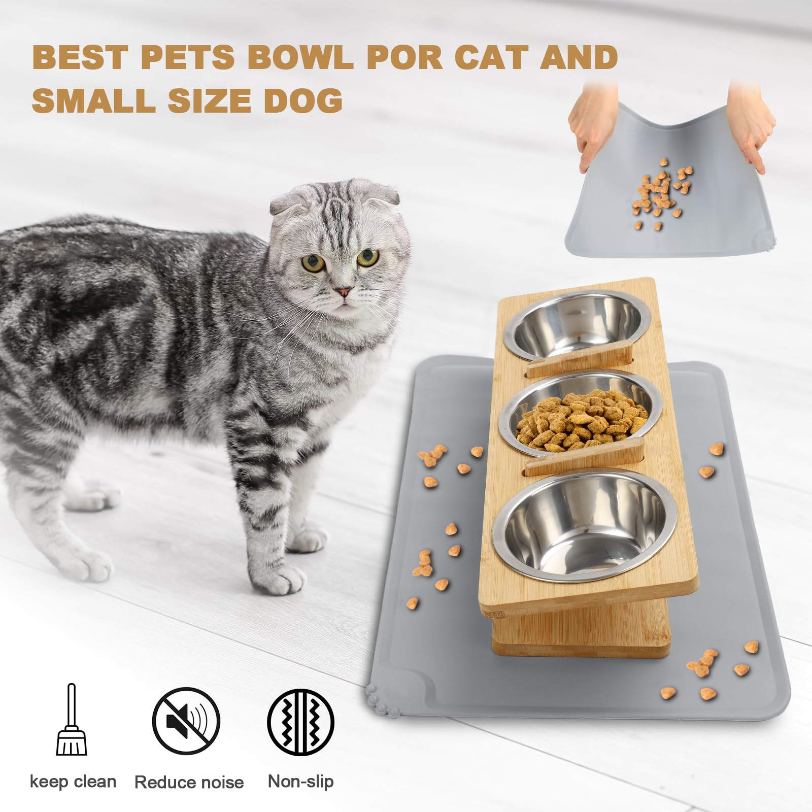 Ciotole Inclinate Per Gatti In Acciaio Inox - Set 3 Con Base In Legno E Tappetino Antiscivolo - Foto 9